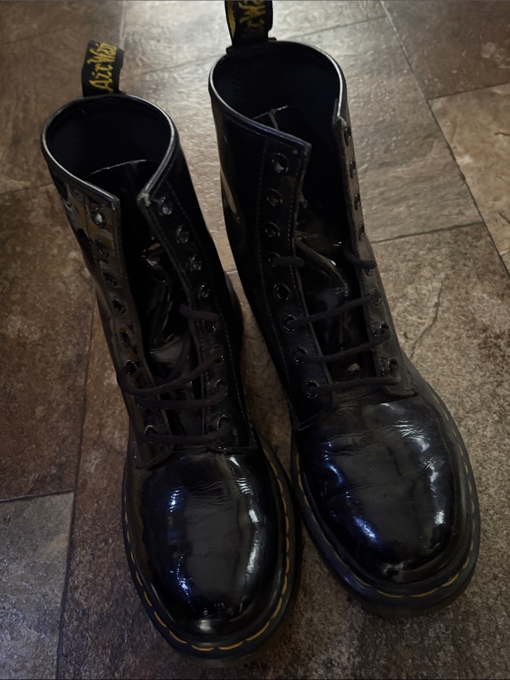 Dr. Martens Black Patent 8-Eye Lace-Up Boots with Yellow Stitching